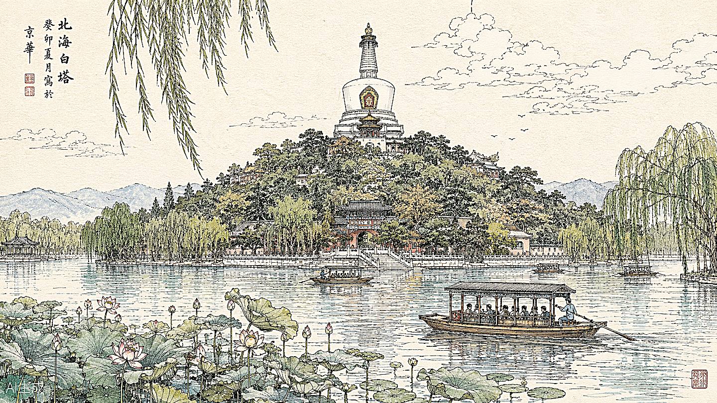 北海公园手绘插画