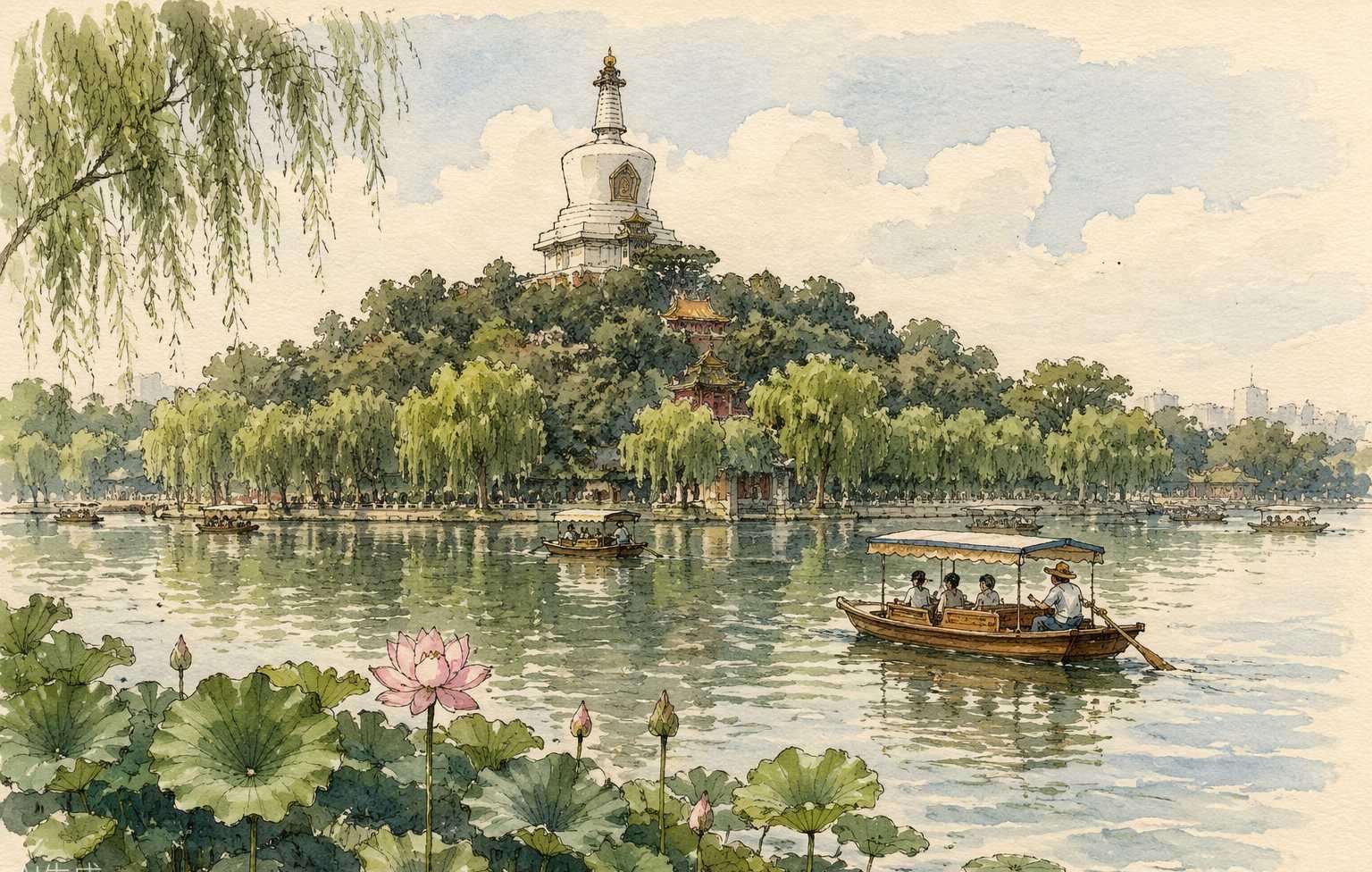 北海公园手绘插画