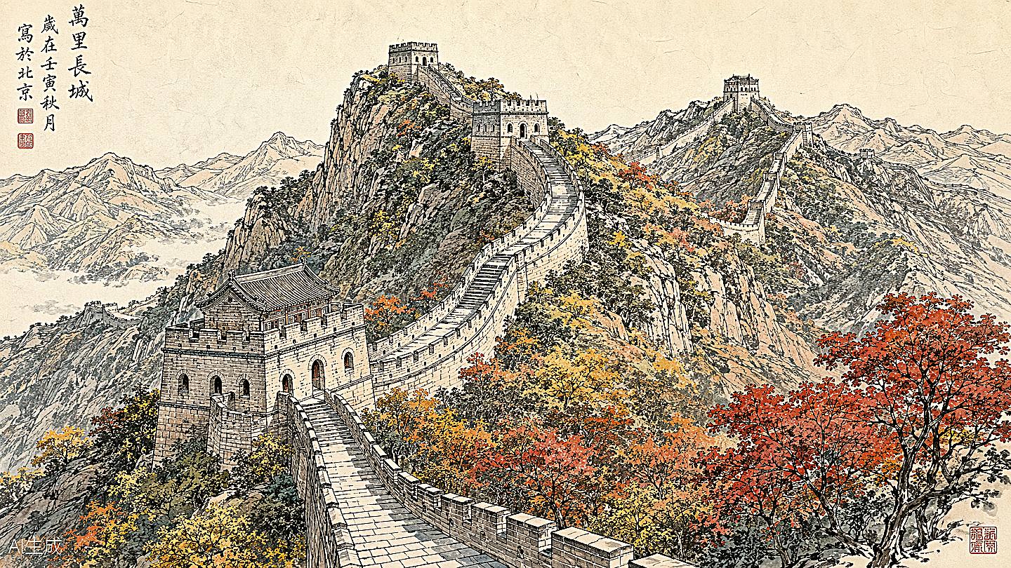 八达岭长城手绘插画