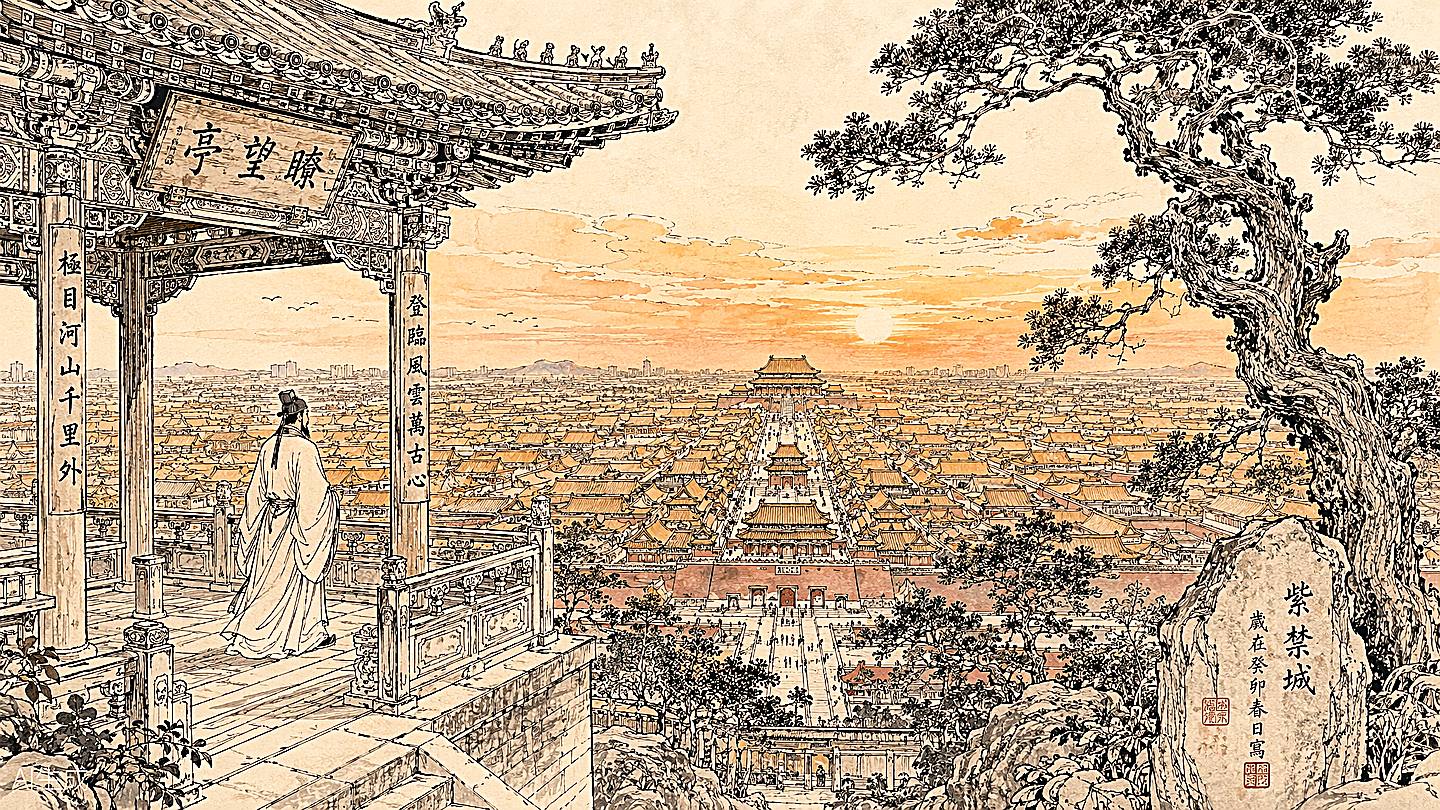 景山公园手绘插画