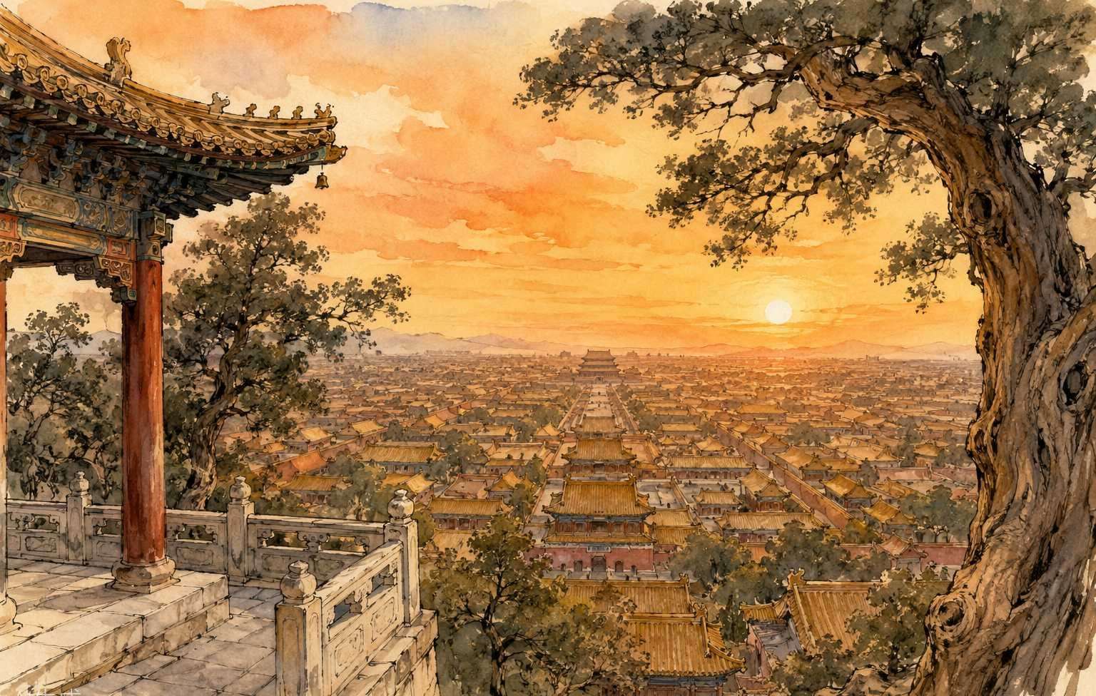 景山公园手绘插画