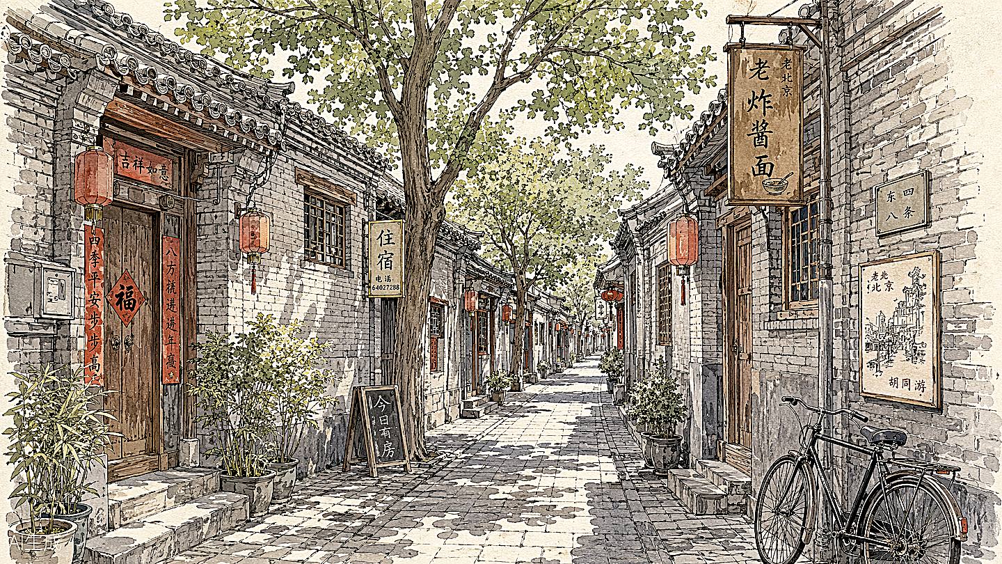 南锣鼓巷手绘插画