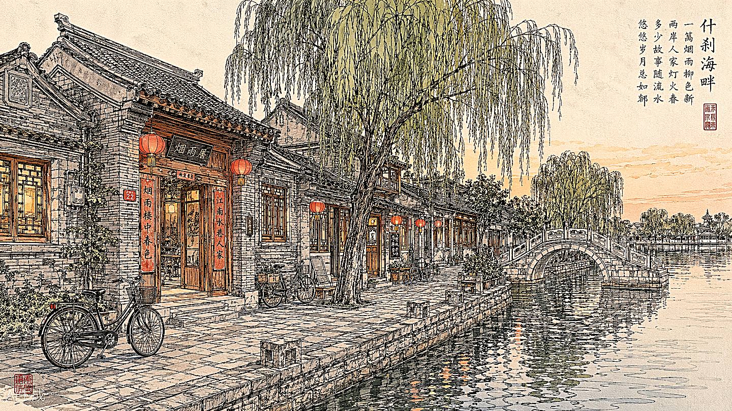 什刹海手绘插画