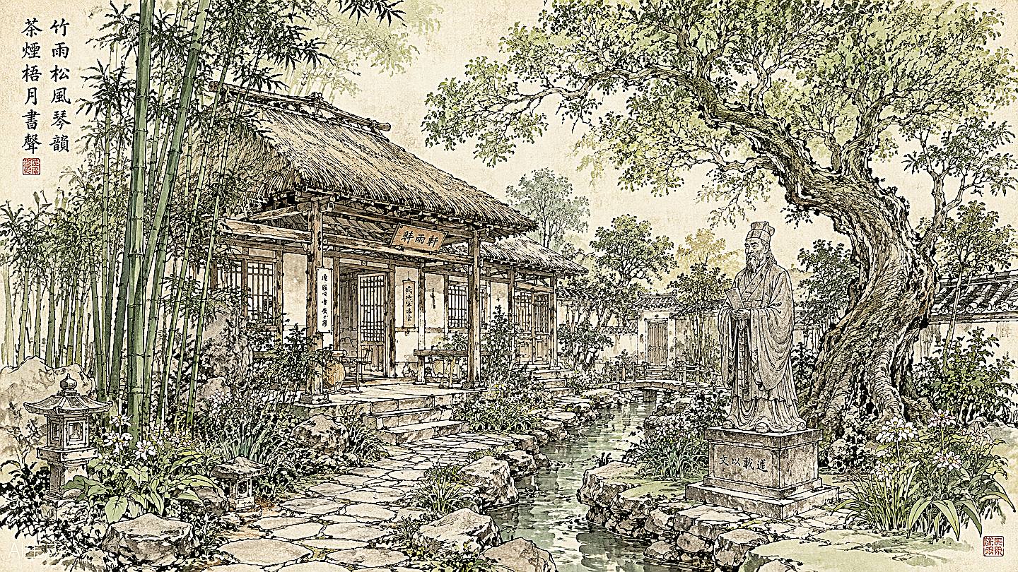 杜甫草堂手绘插画
