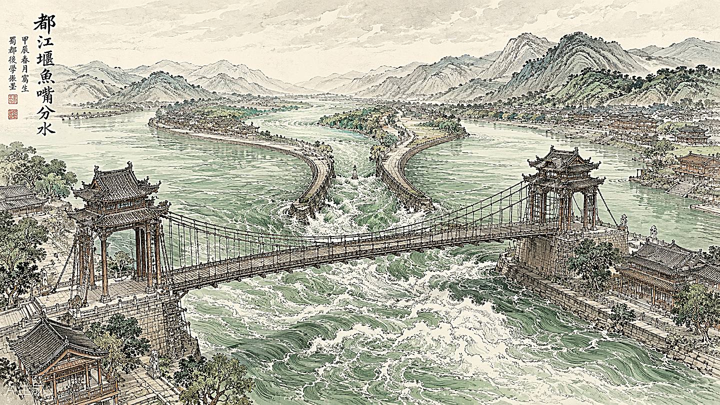 都江堰手绘插画