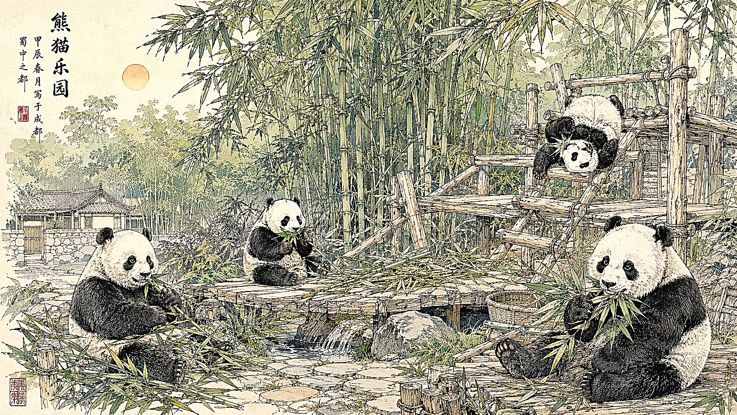 大熊猫繁育研究基地手绘插画