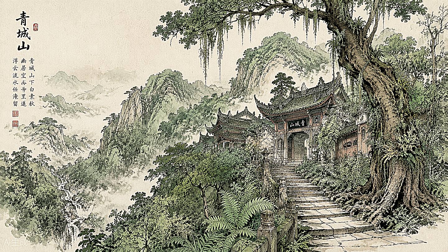 青城山手绘插画