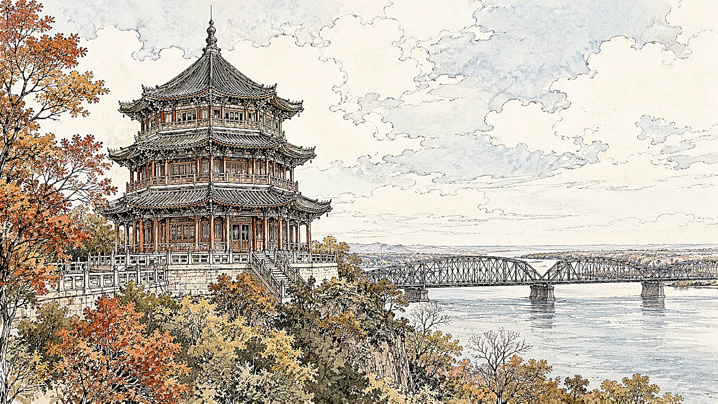 六和塔手绘插画