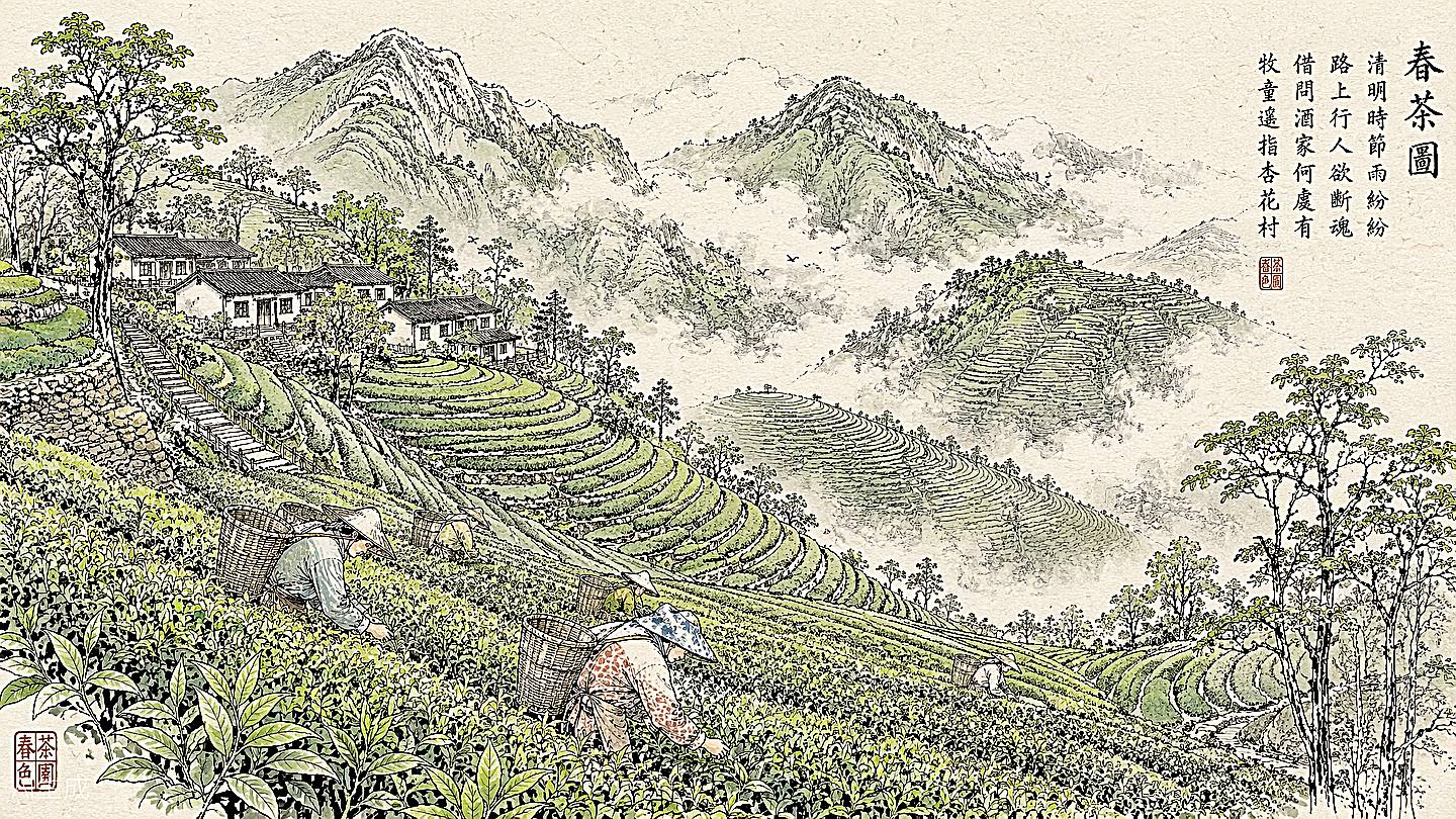 龙井茶园手绘插画