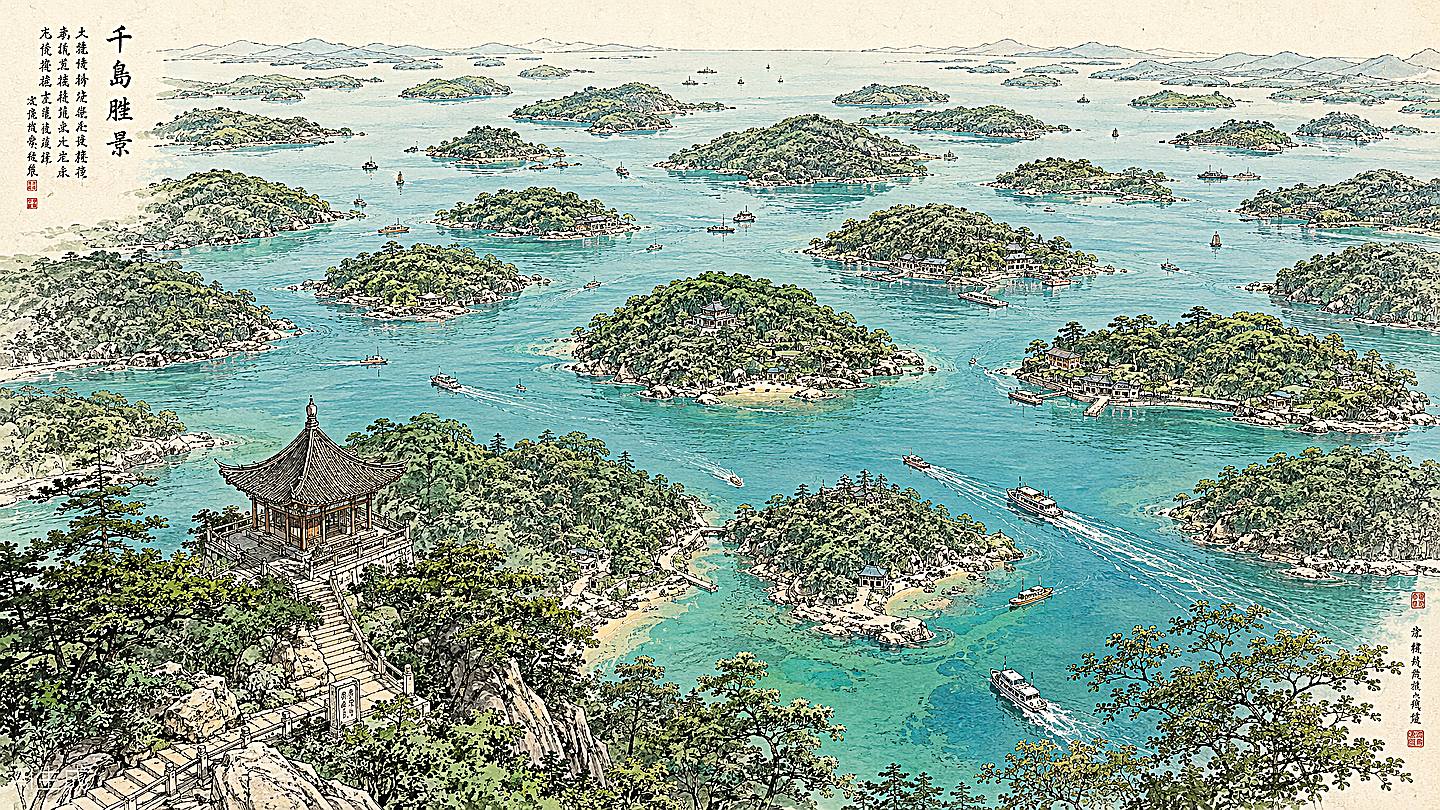 千岛湖手绘插画