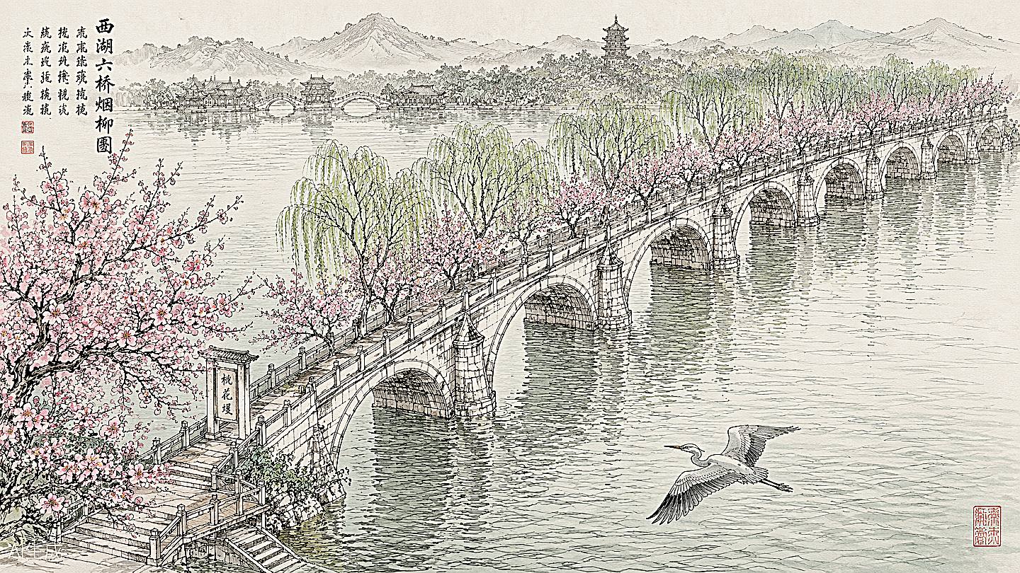 苏堤春晓手绘插画