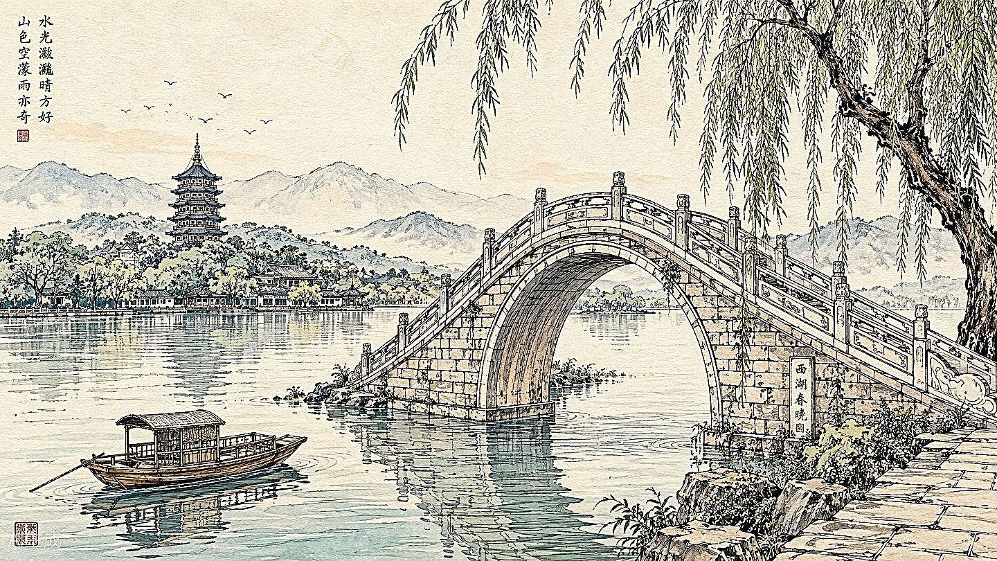 西湖手绘水彩插画