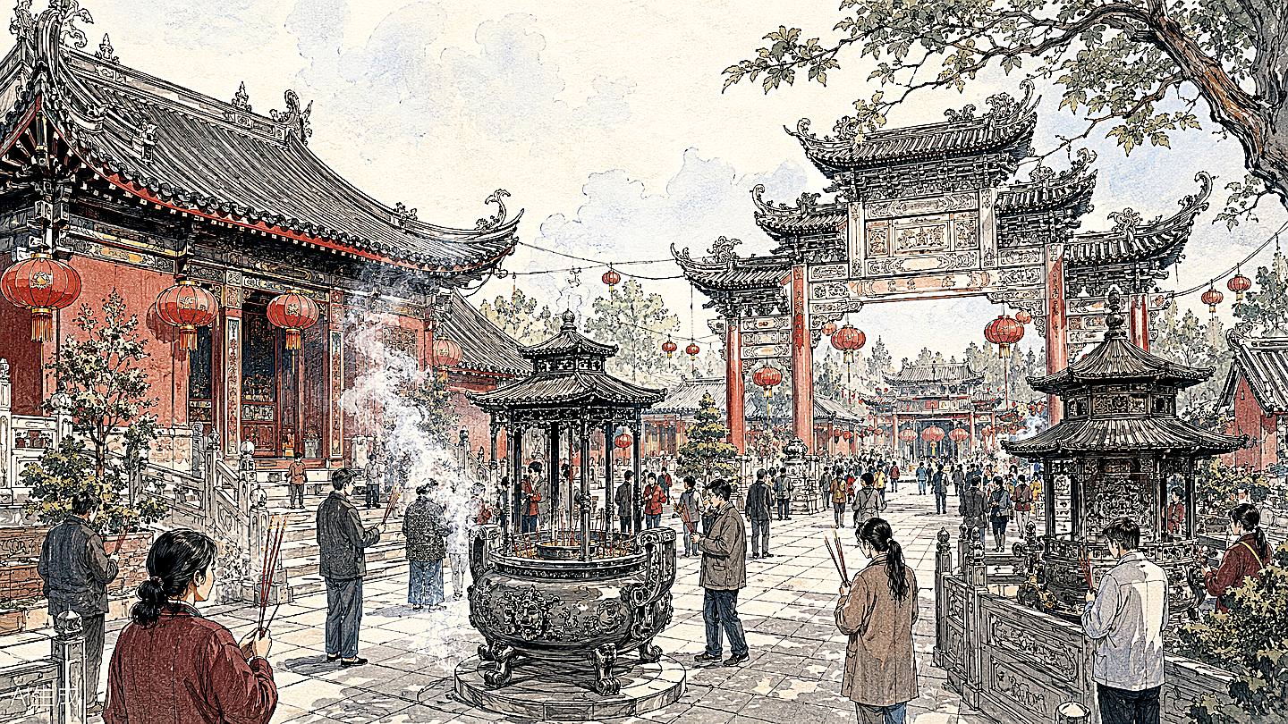 城隍庙手绘插画