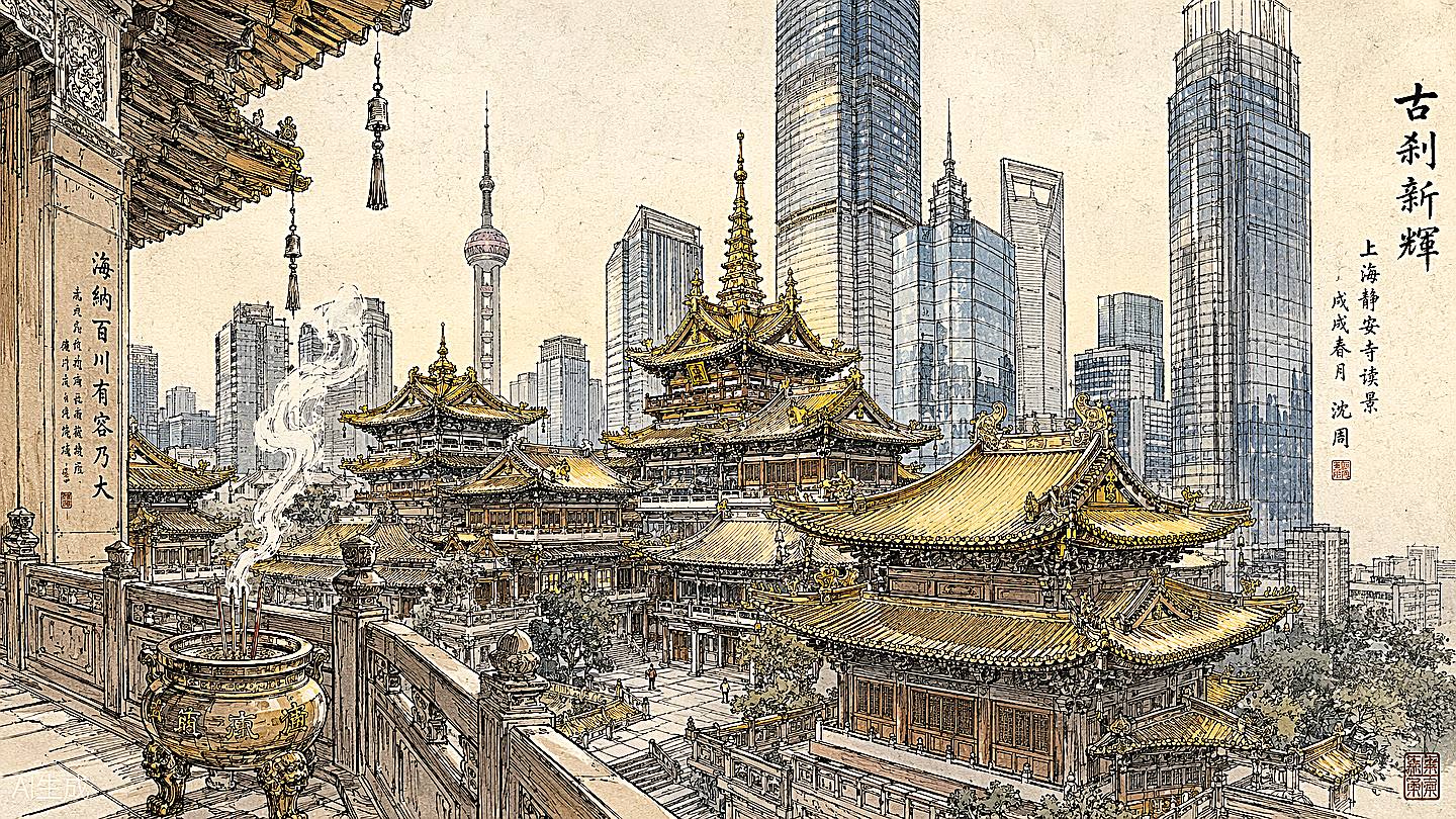 静安寺手绘插画