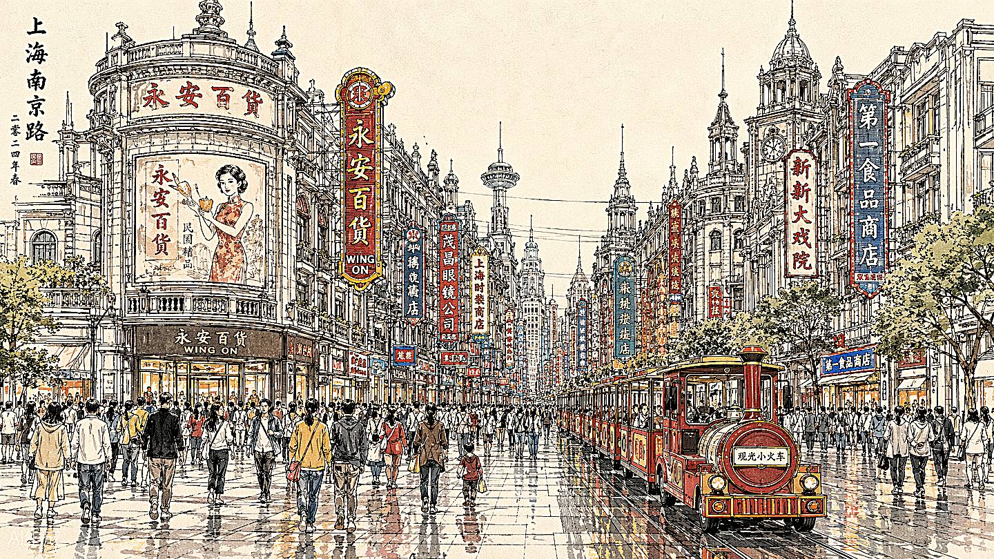 南京路步行街手绘插画