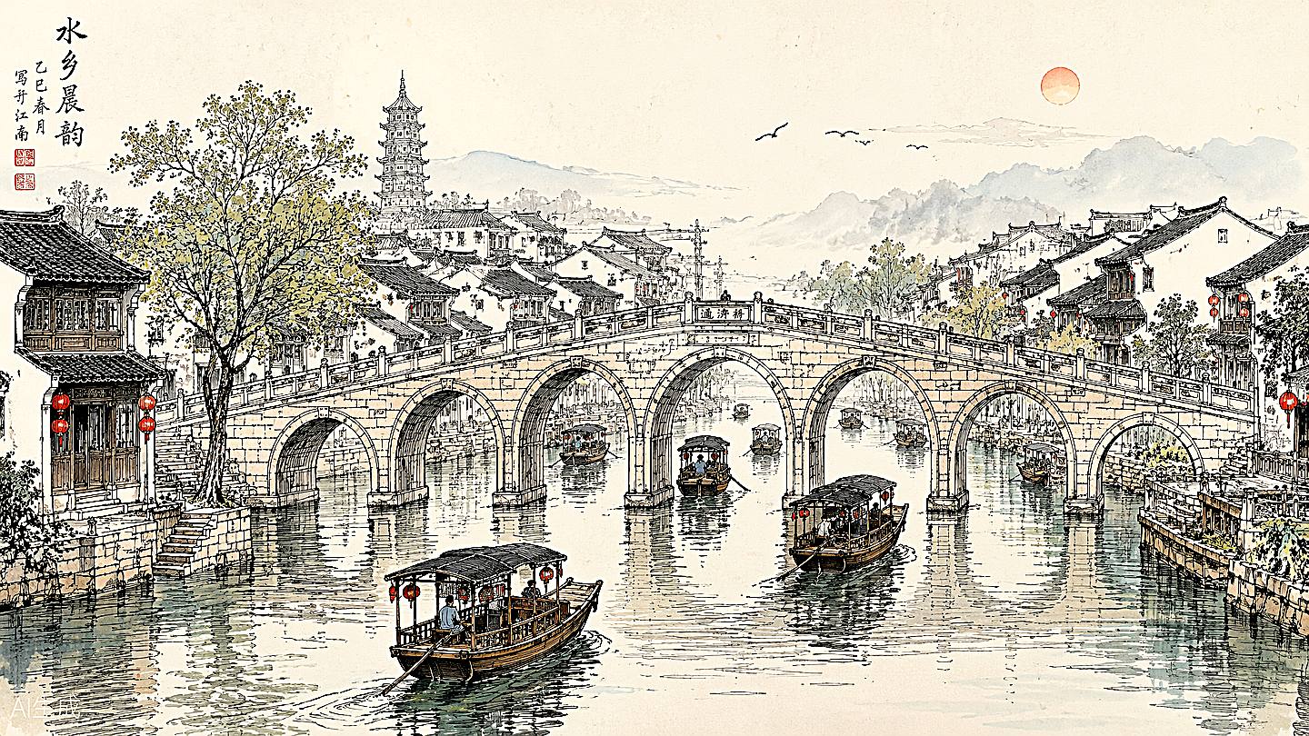 朱家角古镇手绘插画