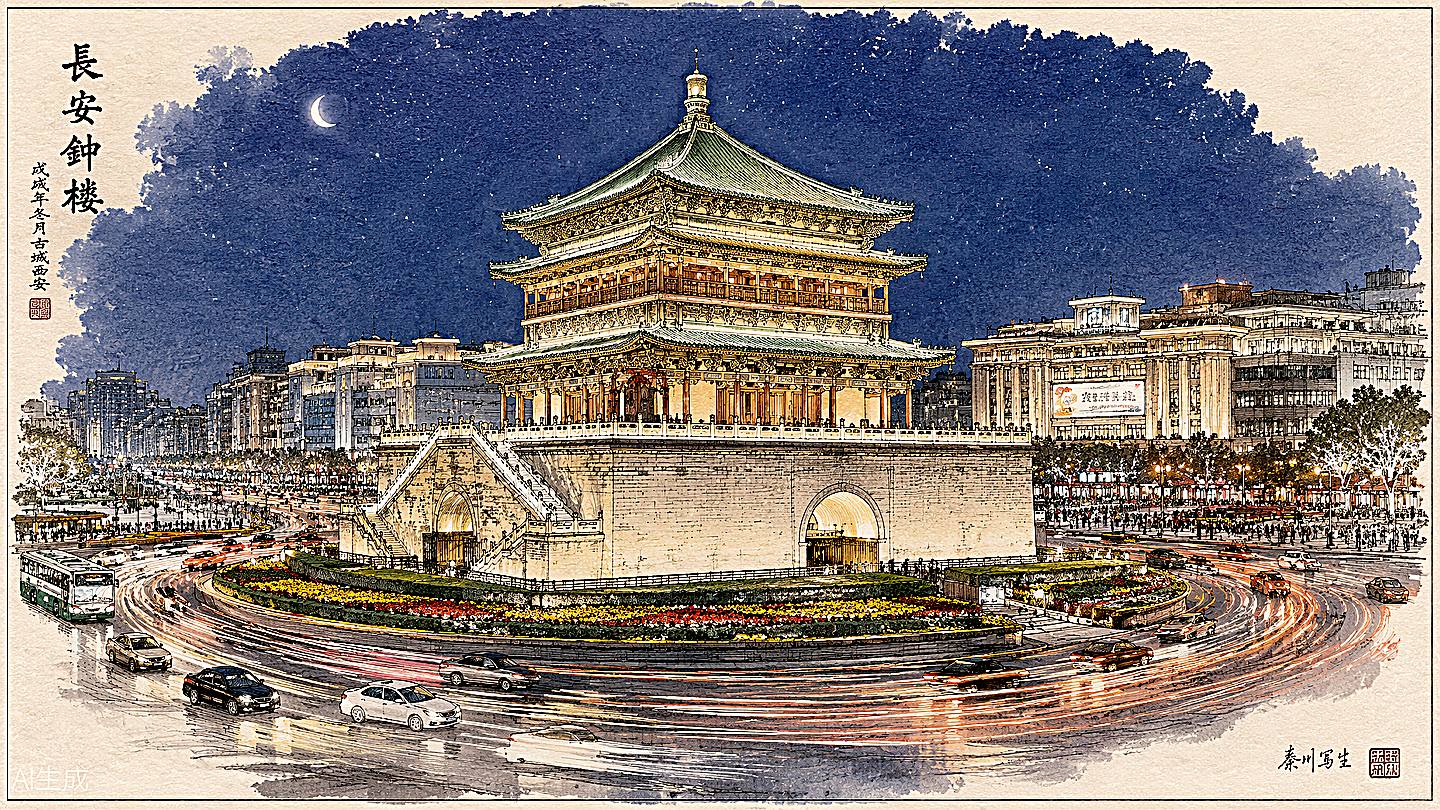 钟鼓楼手绘插画