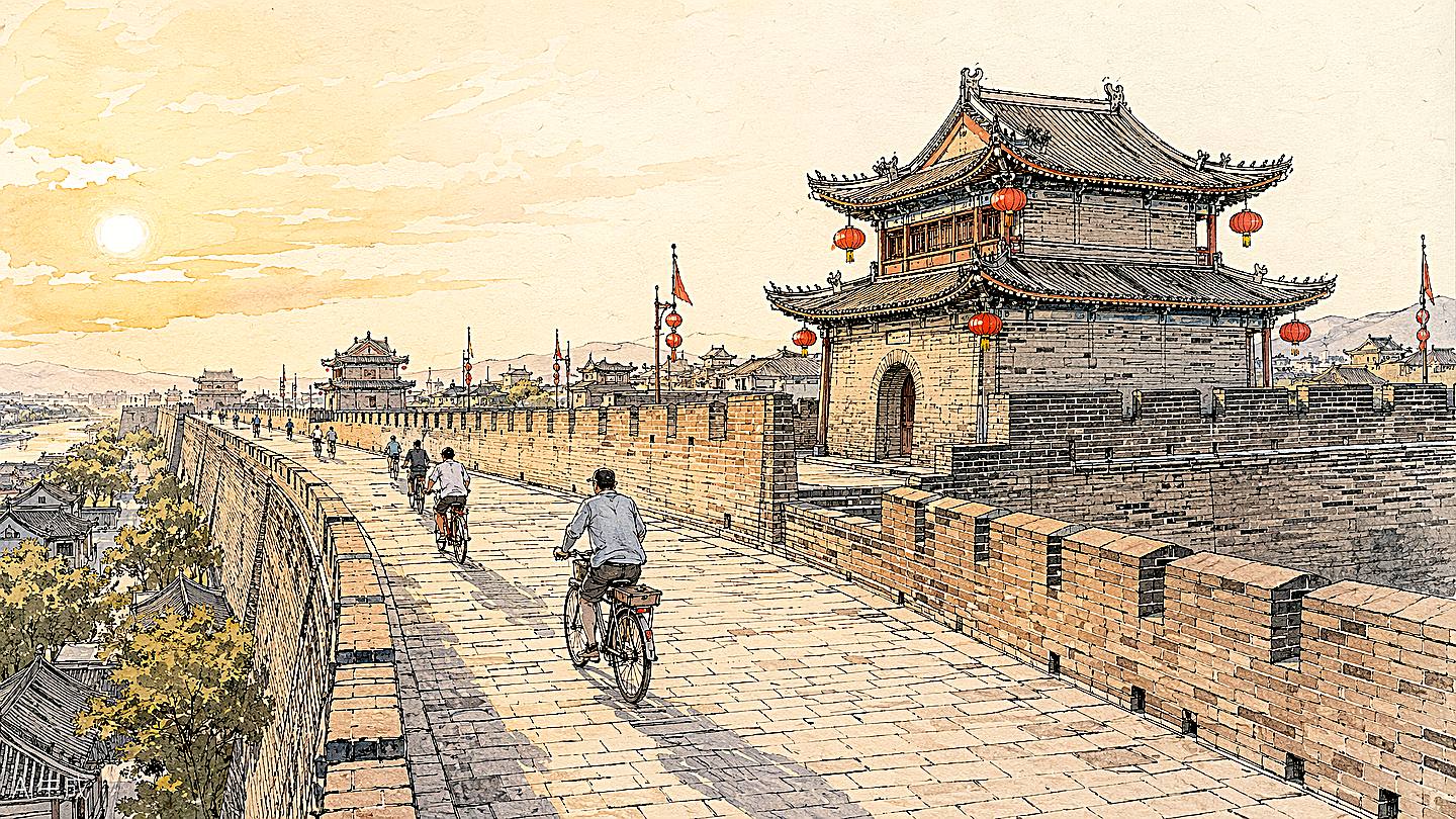 西安城墙手绘插画