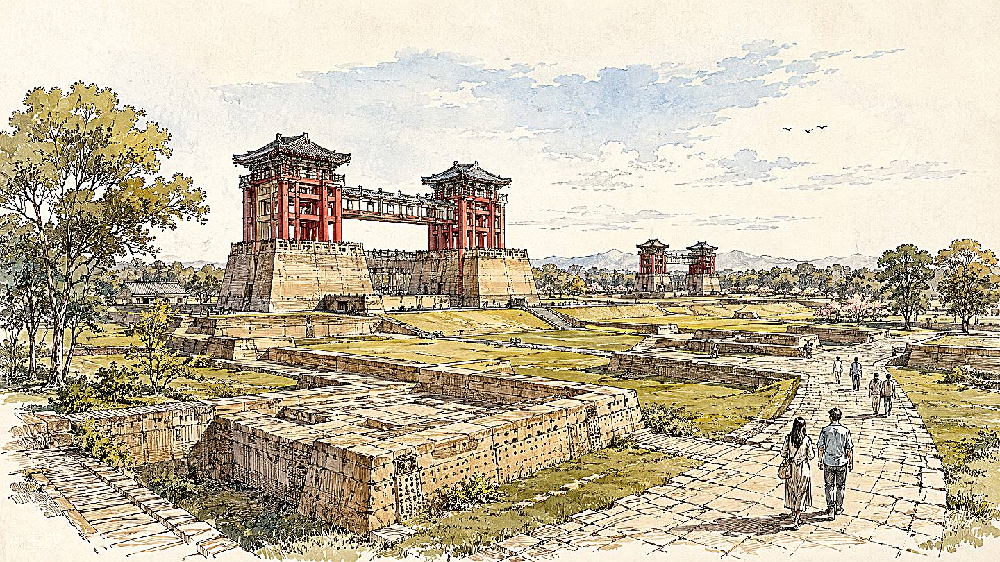 大明宫遗址手绘插画