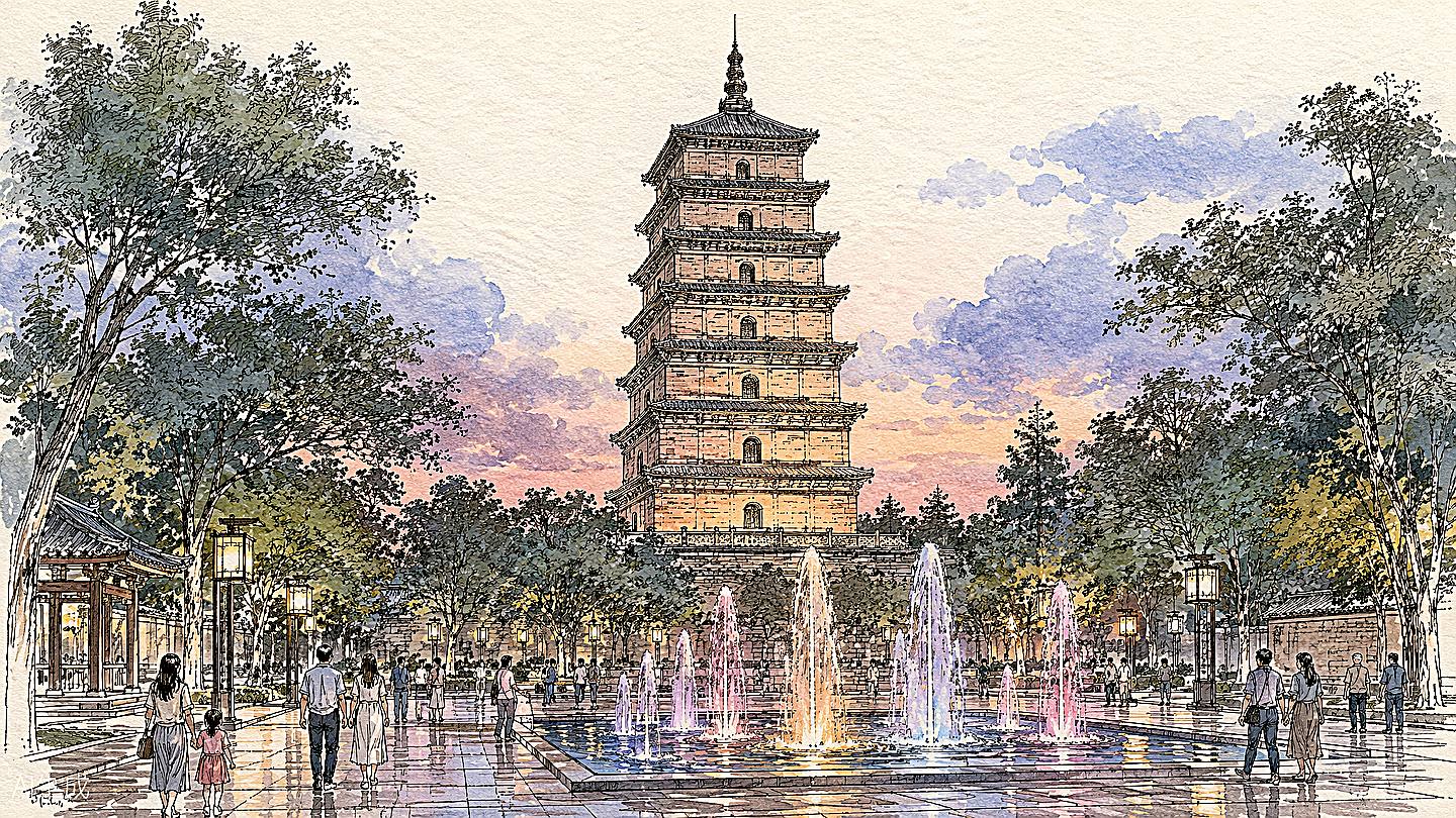 大雁塔手绘插画