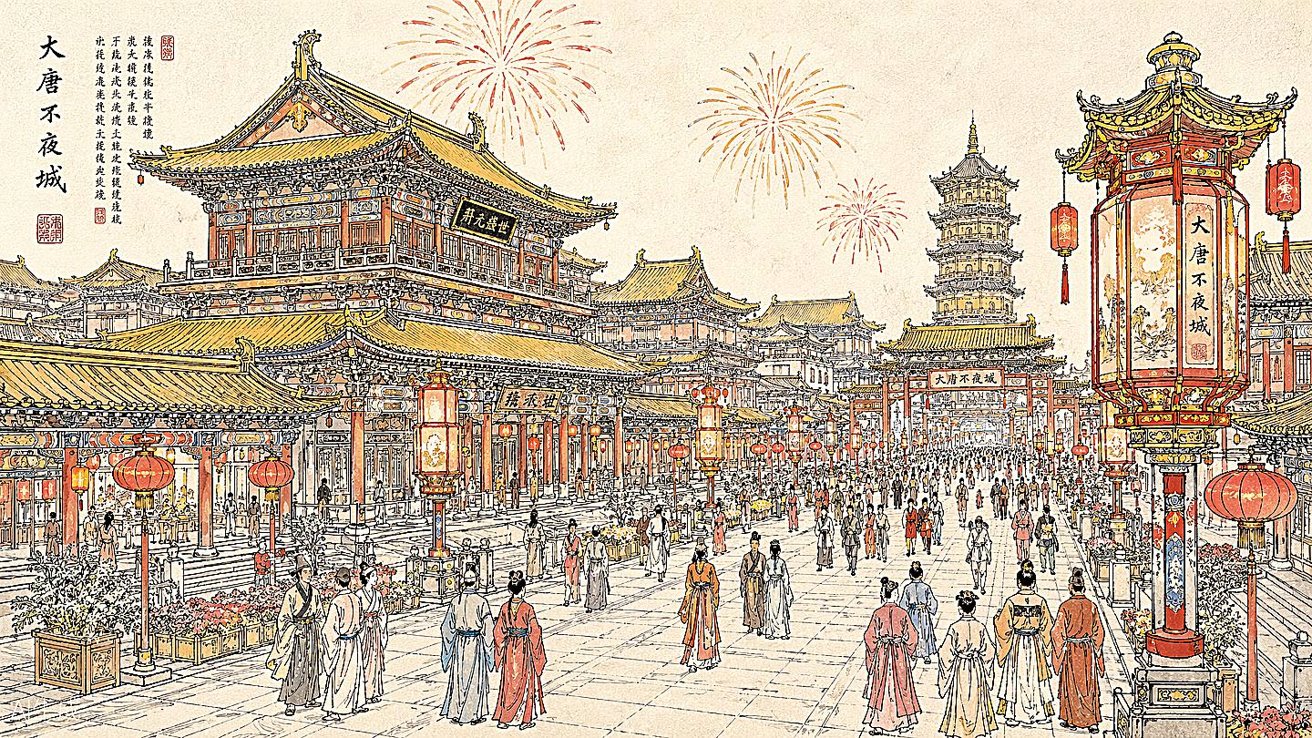 大唐不夜城手绘插画