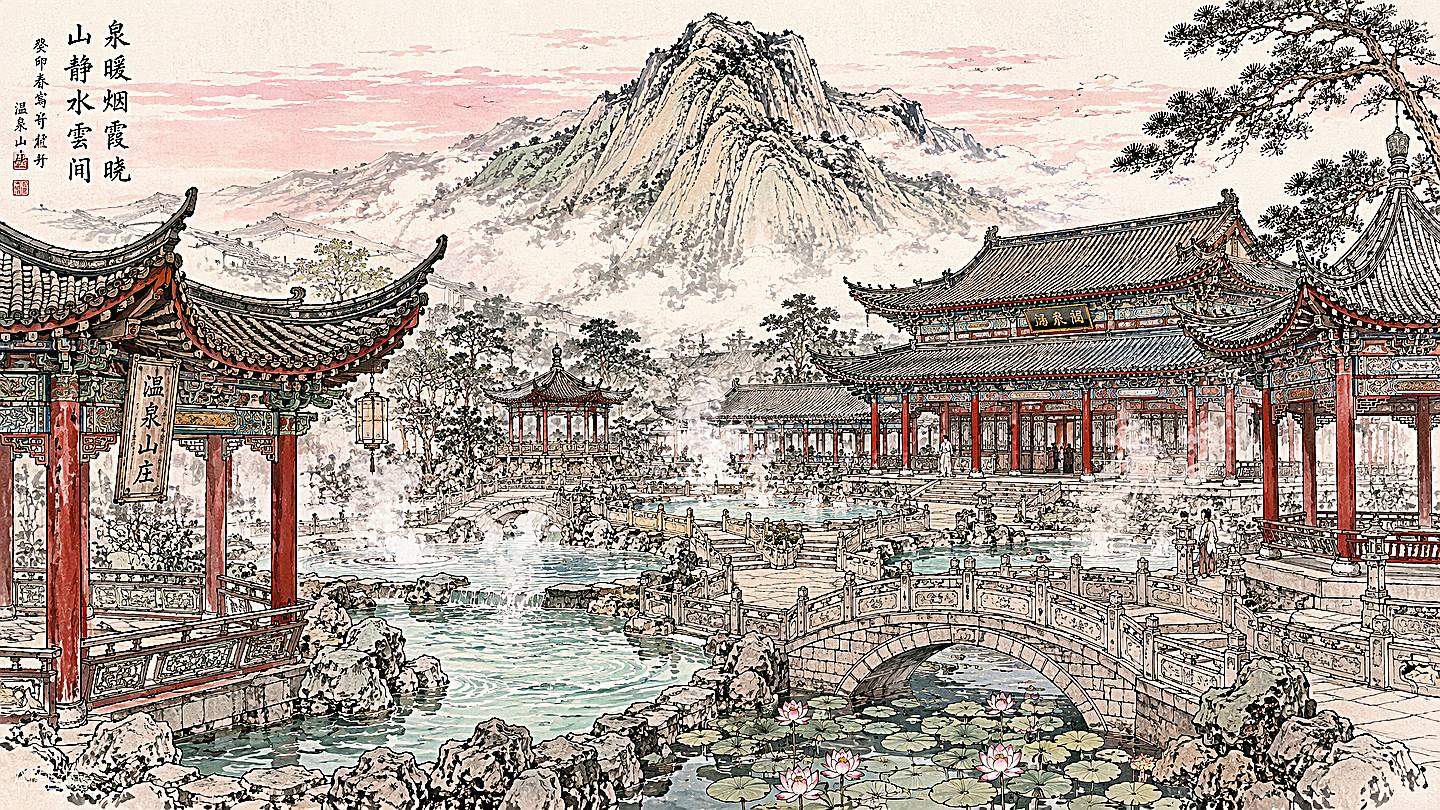 华清池手绘插画
