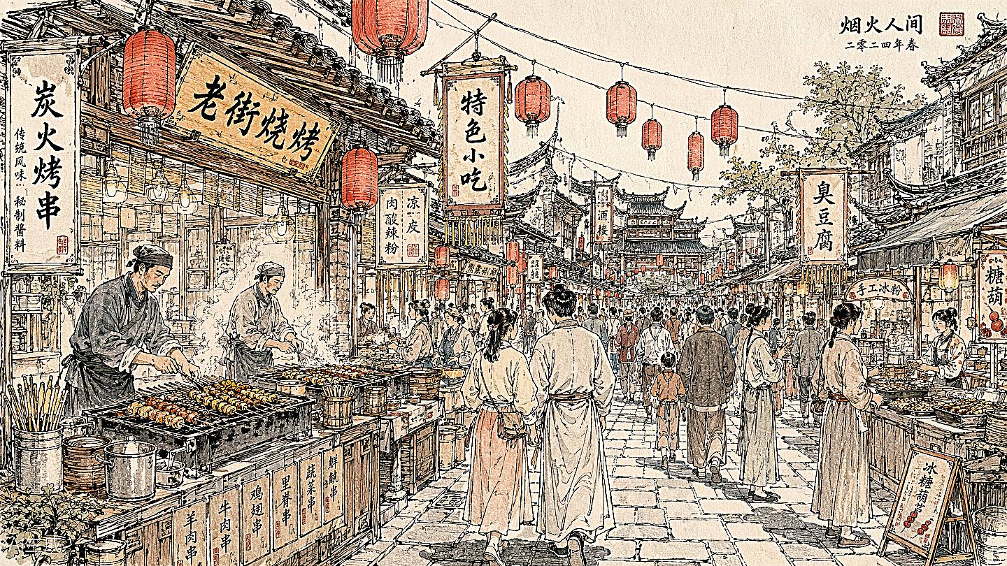 回民街手绘插画