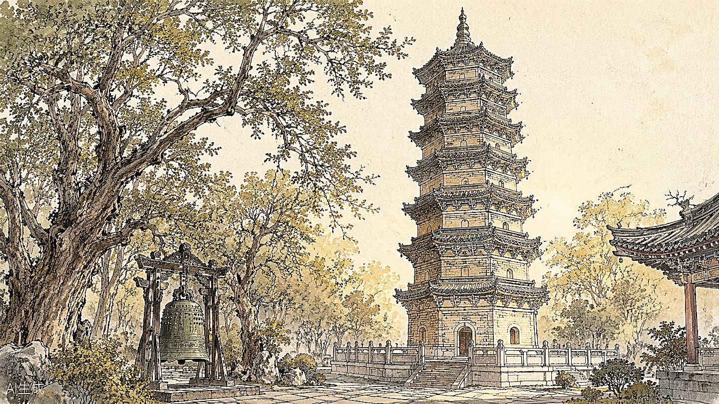 小雁塔手绘插画