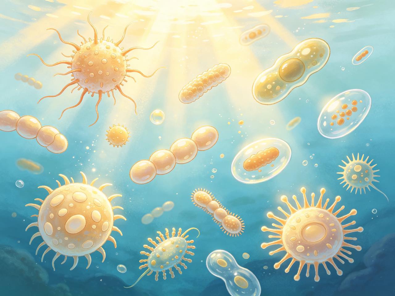 显微镜视角下，远古原始海洋中的单细胞生物在金色光束中漂浮