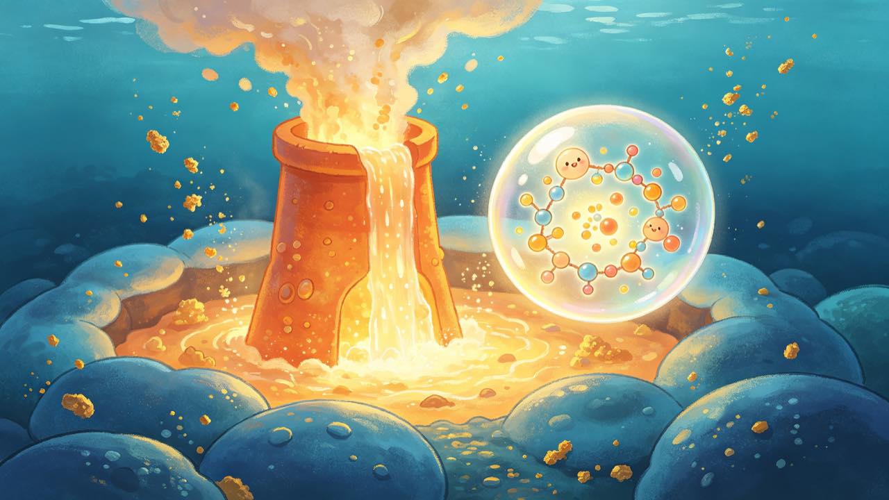 深海热泉口的原始汤中，第一个细胞泡泡在幽蓝微光中初生